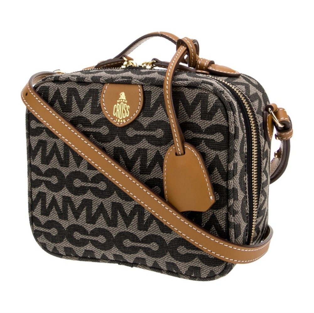 MARK CROSS Madison Mini Crossbody | MC Chain Jacquard Black/  Smooth Calf Camel